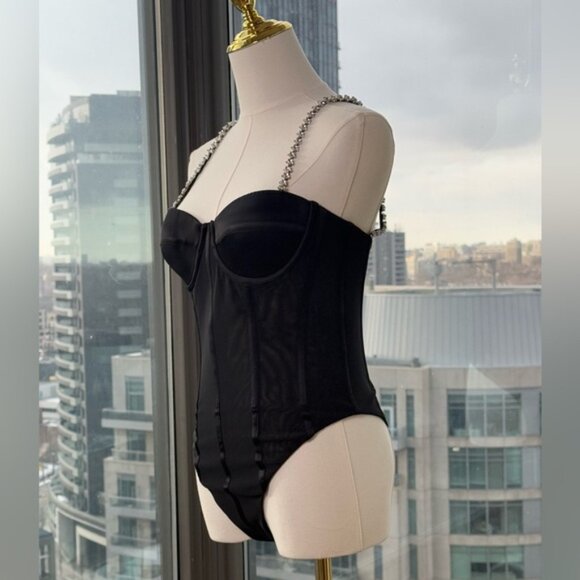 🆕 REBECCA VALLANCE 🧿 NWOT Eclipse Bodysuit, Black Mesh, Star Jewels, Sz US 4 - Picture 11 of 16
